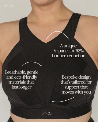 The front of the high impact sports bra by Elansu which features:
A unique V-panel for 62% bounce reduction.
Breathable, gentle and eco-friendly materials that last longer.
Bespoke design that's tailored for support that moves with you.